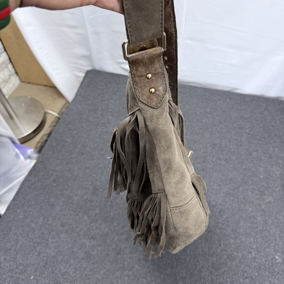 GAP 100% Cow Suede Fringe Hobo Shoulder Bag Boho Western Taupe - Picture 6 of 13